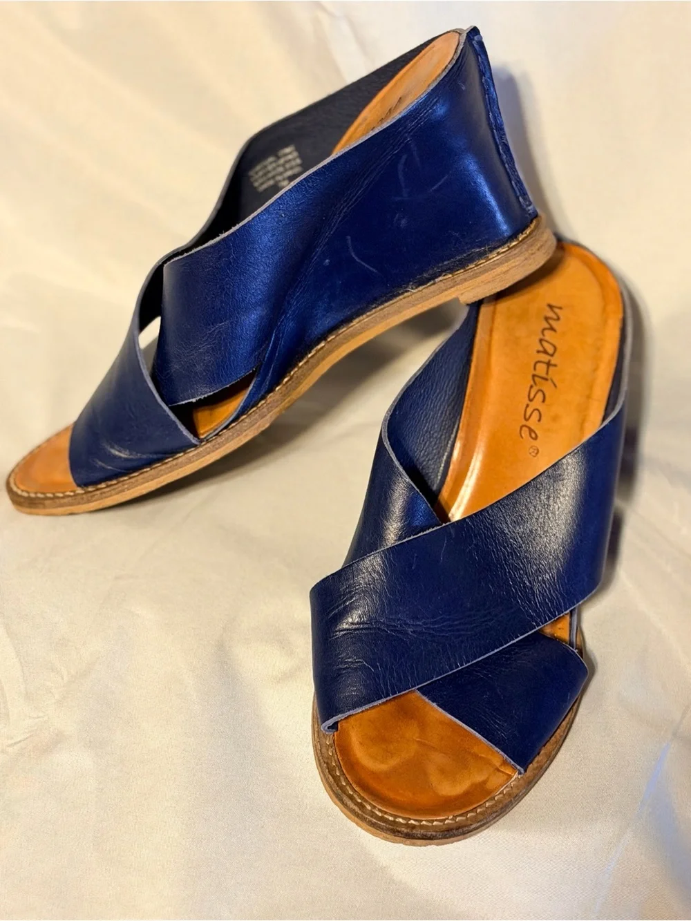 Matisse Navy Blue Genuine Leather Cross Strap Wedge Slide Sandals 7.5 Brazil